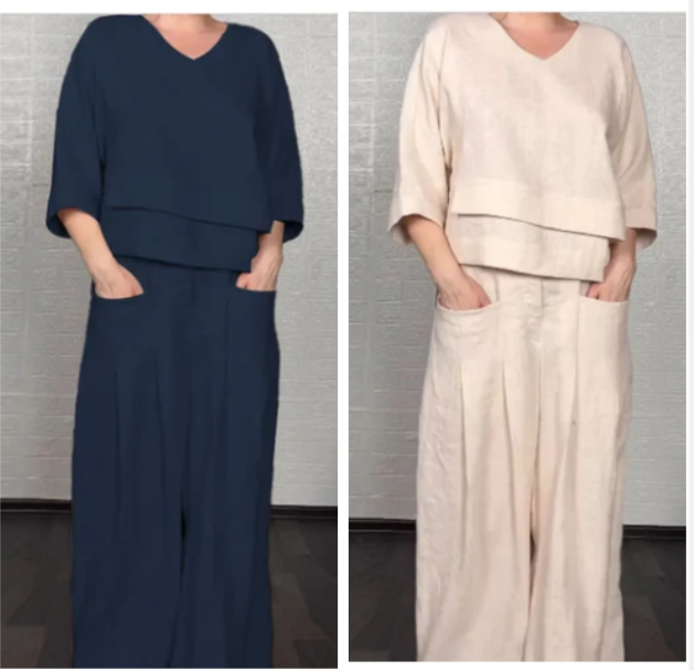 Liza – 2-piece cotton-linen set – V-neck top and wide-leg trousers – image 10