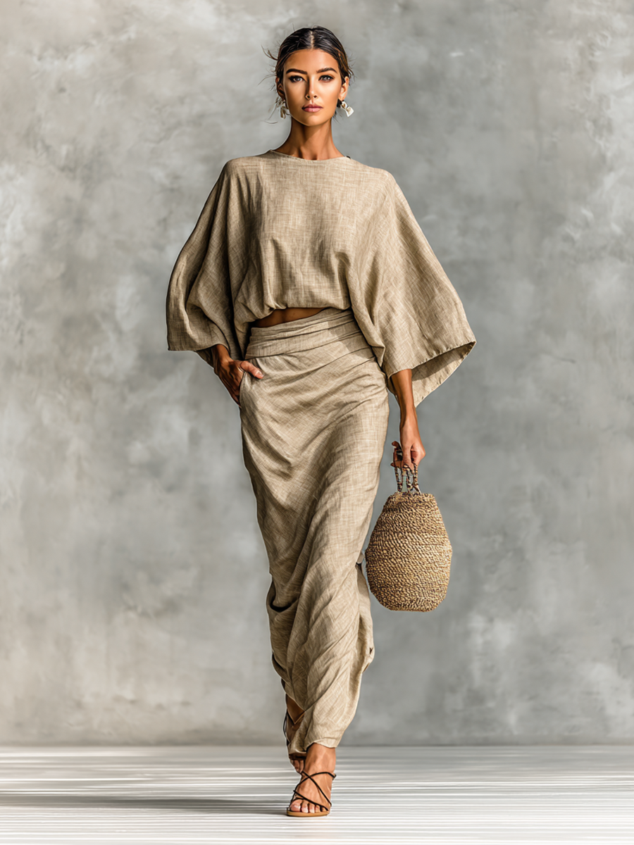 Two-Piece Cotton-Linen Blend Maxi Skirt Set with Batwing Sleeves – image 4