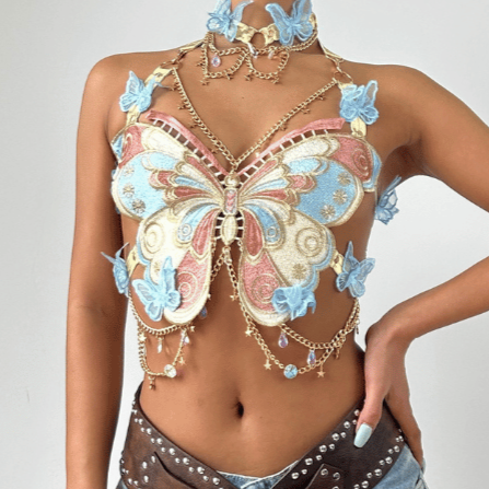 Butterfly embroidery metal chain halter top with choker – image 8