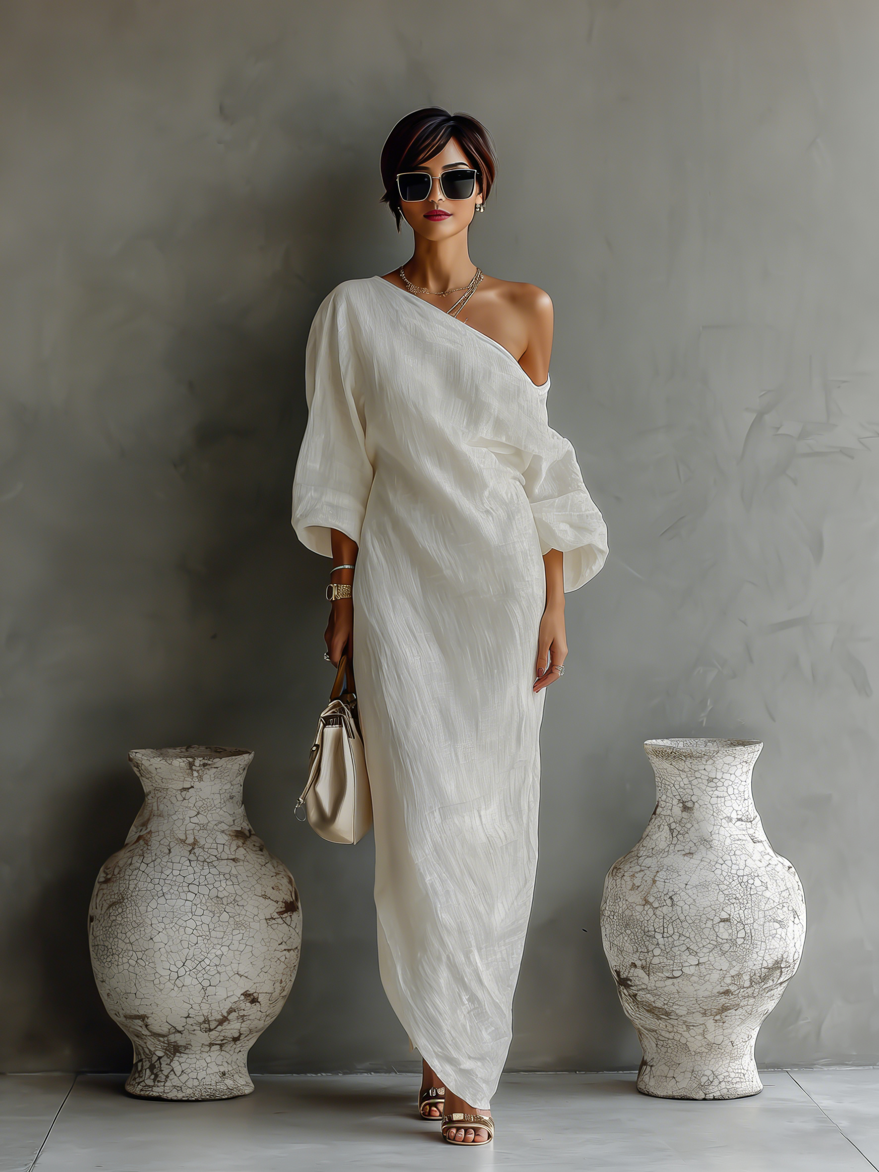 Elegant Flowing Cotton-Linen Dress in Ivory White with One-Shoulder Design – image 7