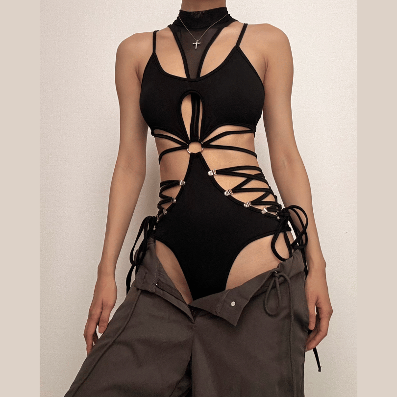 High neck o ring hollow out lace up gloves bodysuit – image 5