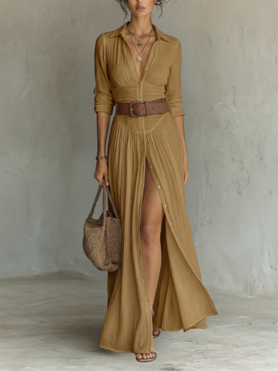 Long Maxi Dress with Notched Collar and Long Sleeves for Women – image 6