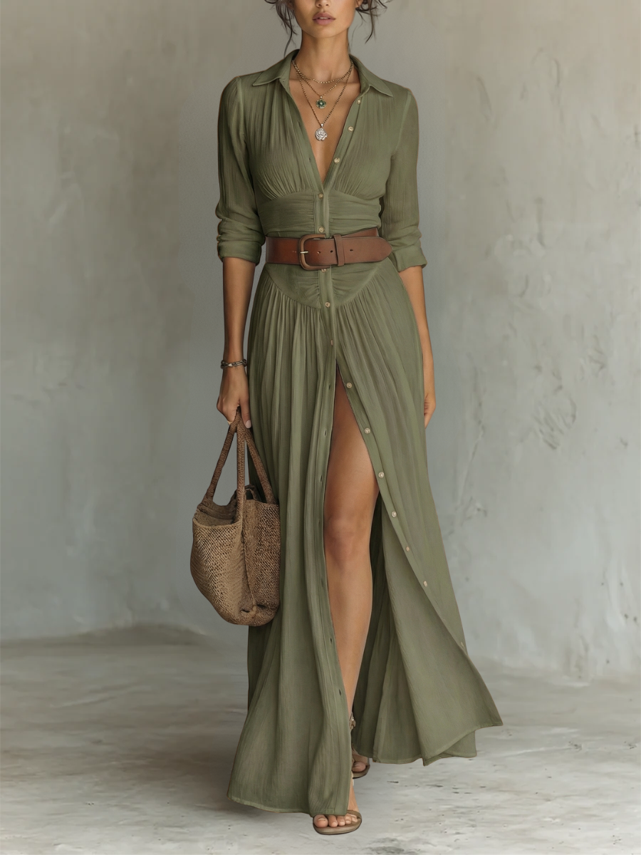 Long Maxi Dress with Notched Collar and Long Sleeves for Women – image 5