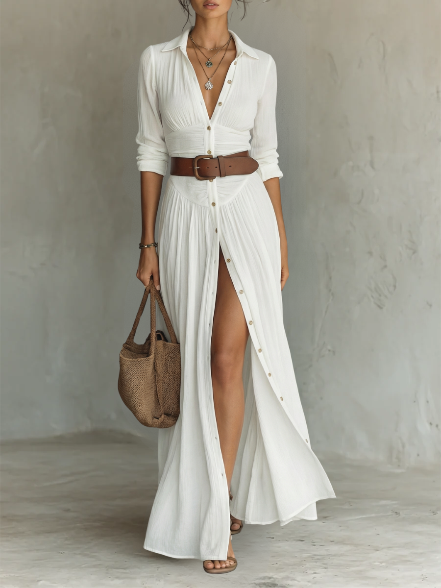 Long Maxi Dress with Notched Collar and Long Sleeves for Women – image 1