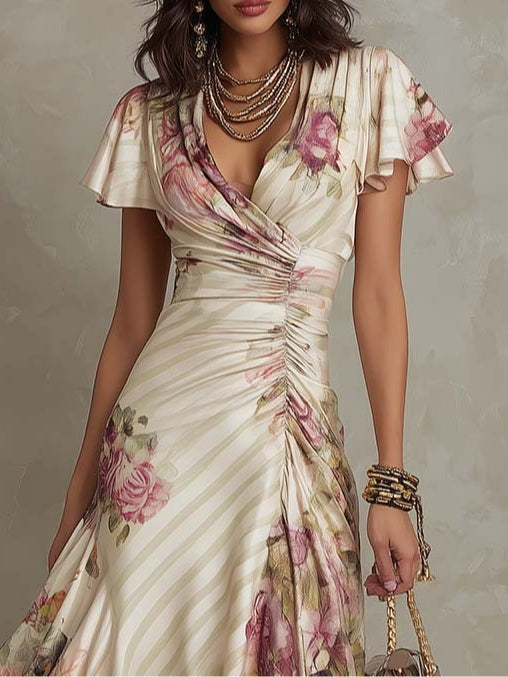 Alba – Elegant Retro Floral Satin Midi Dress – image 3