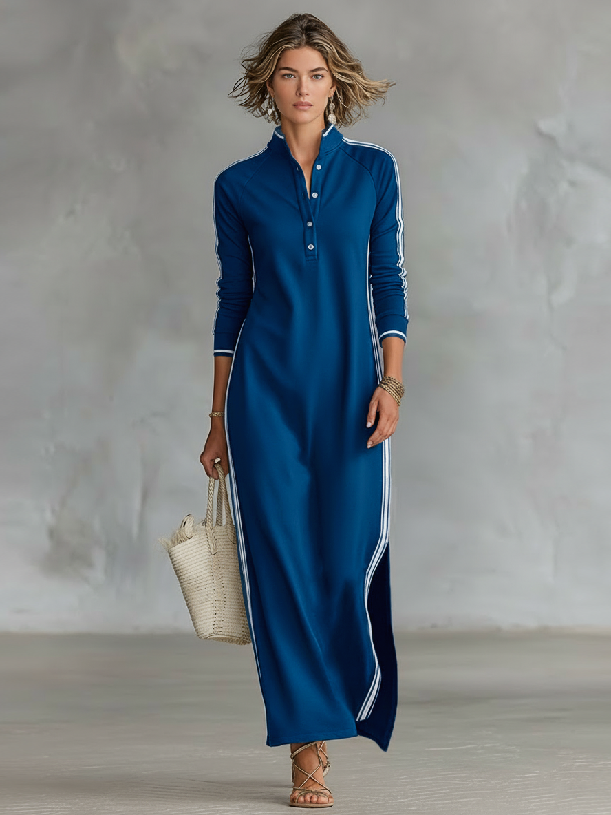 Women's Minimalist White-trimmed Button-down Collar Sweatshirt Dress Maxi Dress MDA0958L0Y – image 5