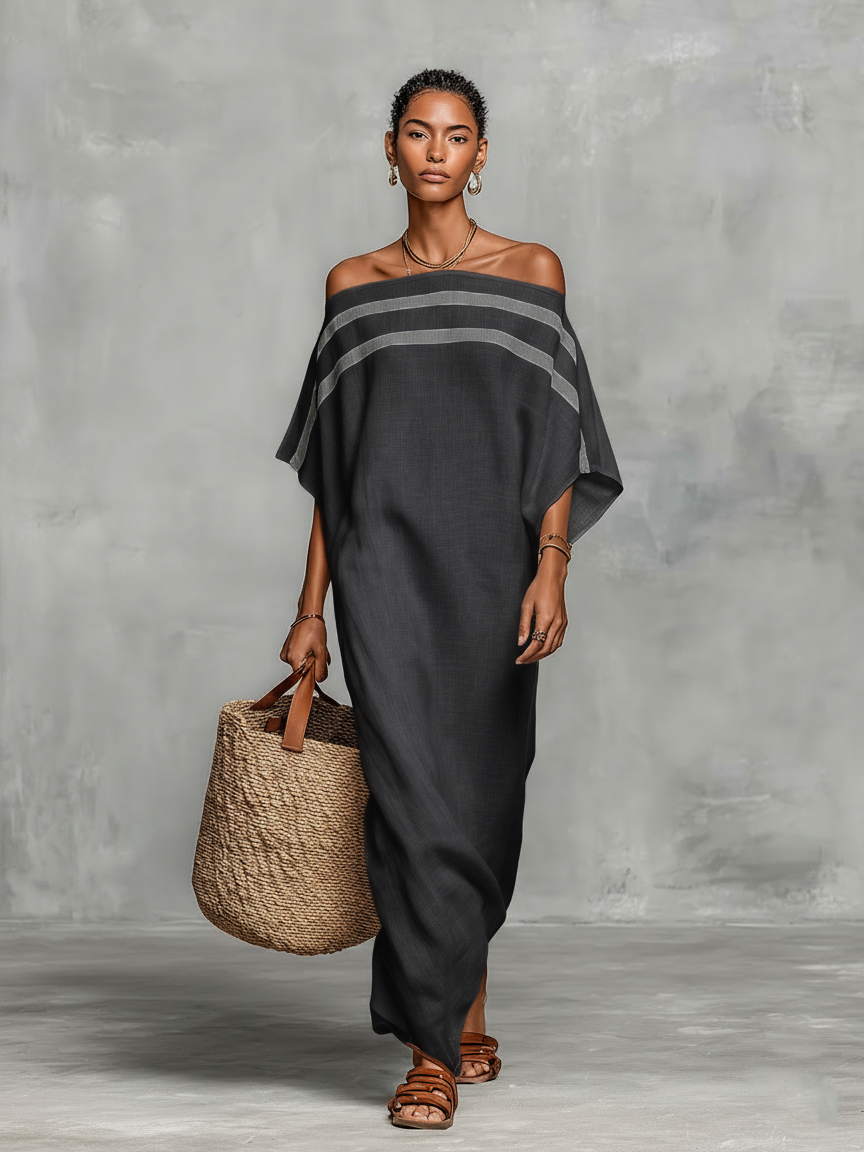 Women's Minimalist Linen Maxi Dress with Off-the-Shoulder Batwing Sleeves – image 3