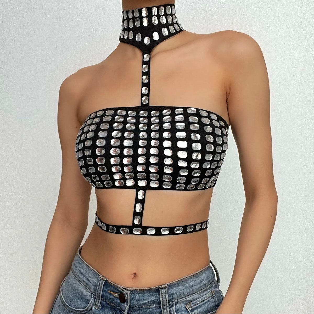 Beaded contrast halter hollow out backless crop cut out top – image 1