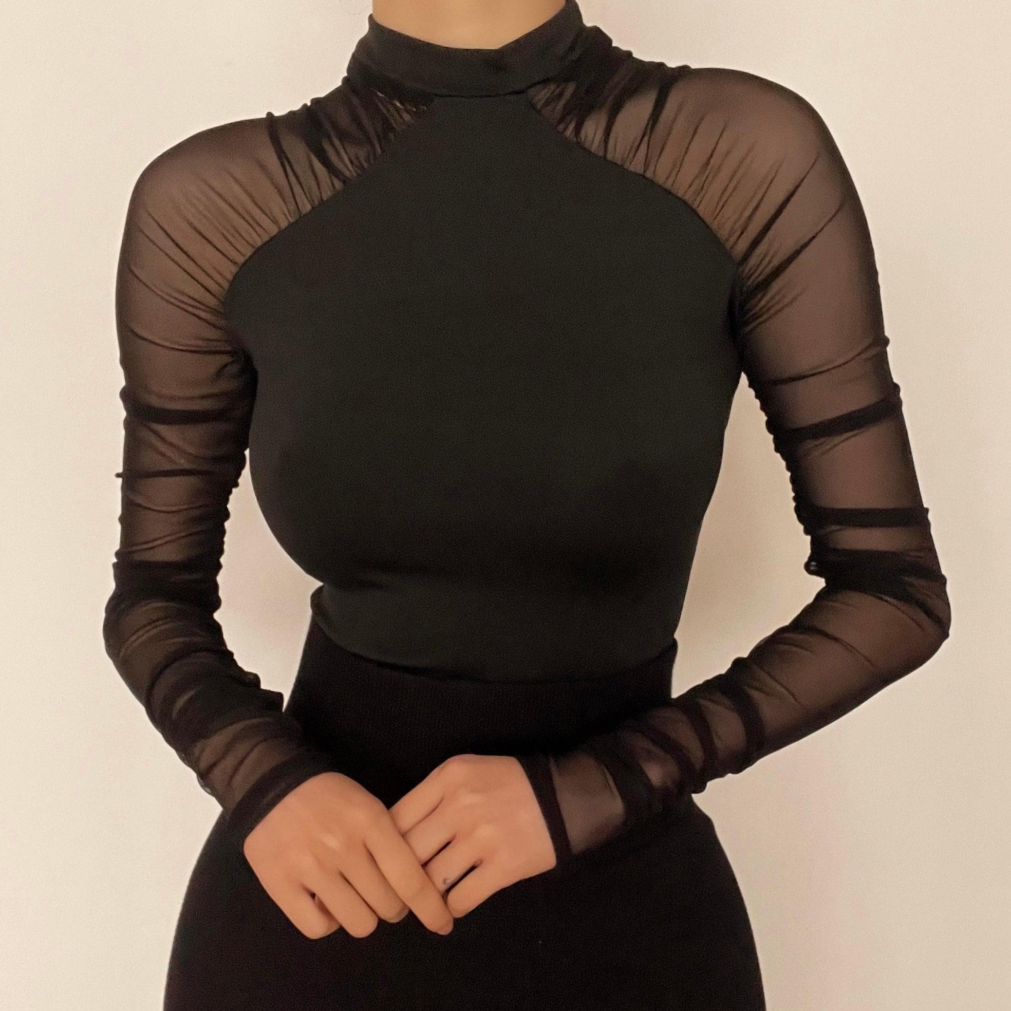 High neck mesh see-through ruched bodysuit – image 1