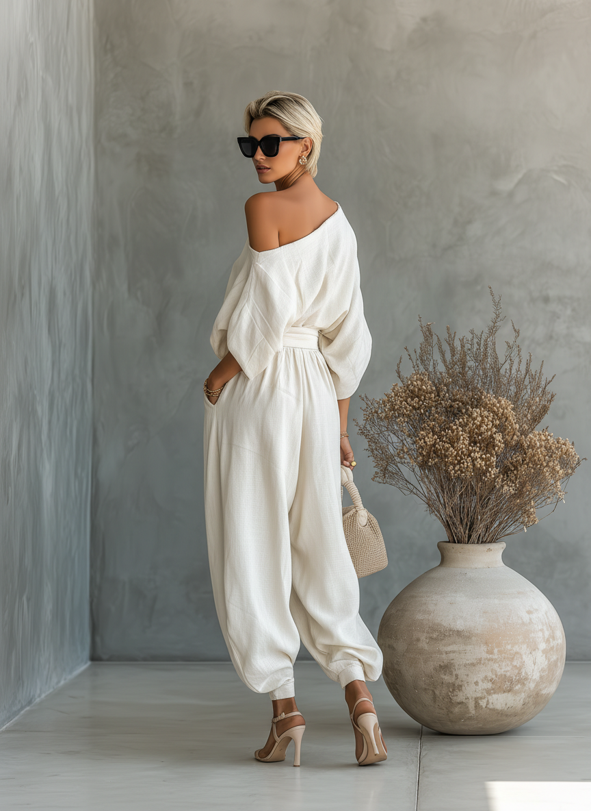 Women's Off-White Linen Set with Off-Shoulder Top and Tapered trousers – image 5