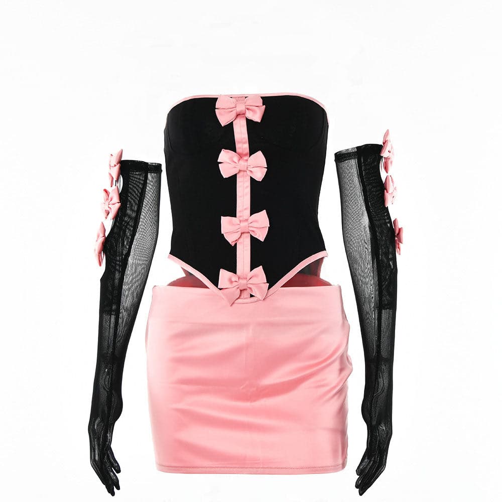 Mesh contrast bowknot gloves lace up tube backless mini skirt set – image 2