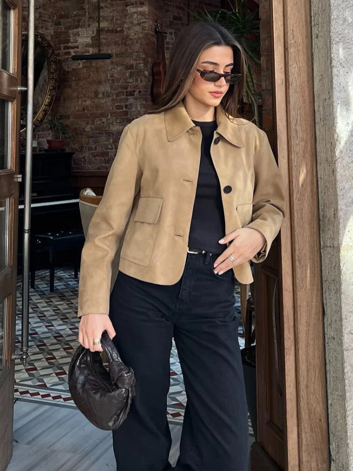 Damen Kurzjacke Khaki | Modische Jacke im kurzen Schnitt