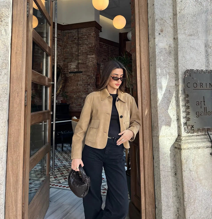 Damen Kurzjacke Khaki | Modische Jacke im kurzen Schnitt