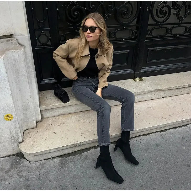 Damen Kurzjacke Khaki | Modische Jacke im kurzen Schnitt