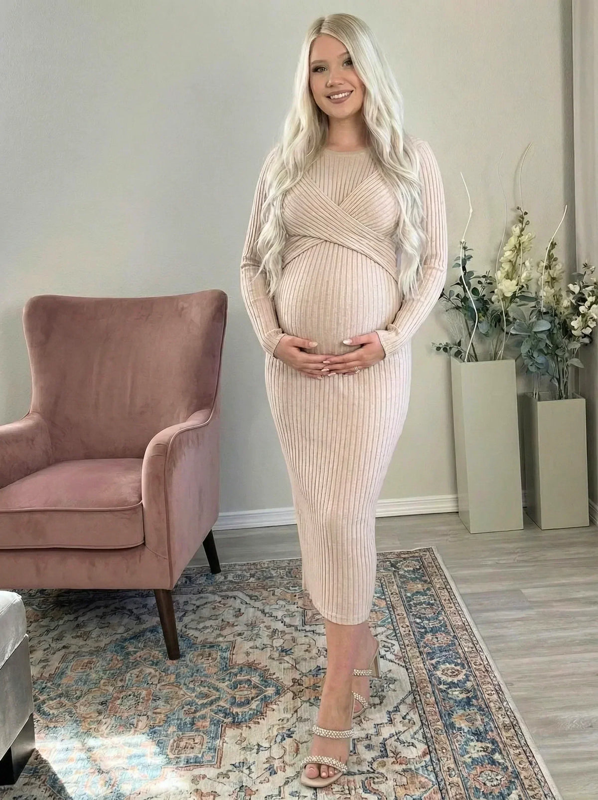 Ribbed Maternity Dress with Tie Details – image 2