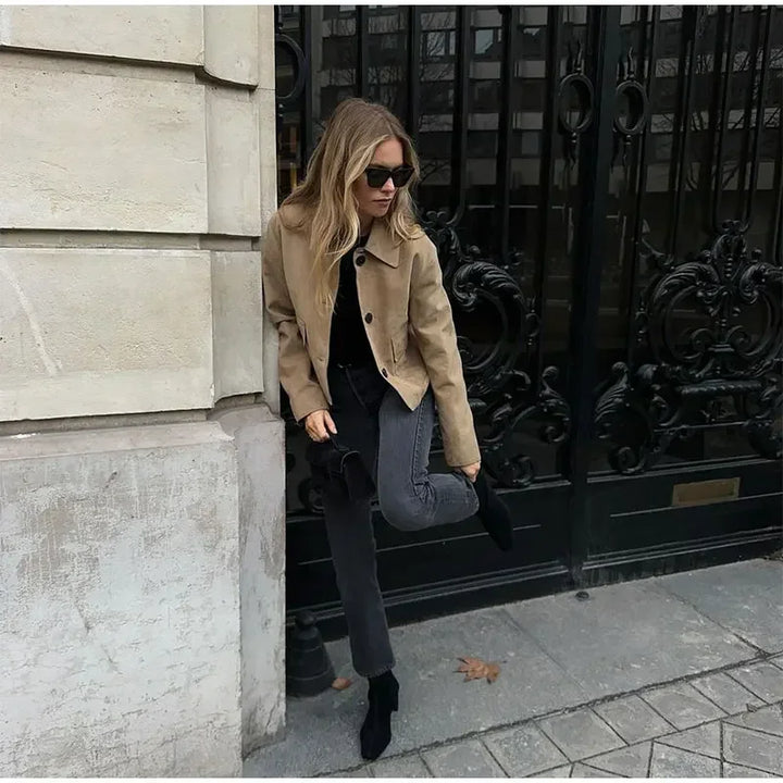 Damen Kurzjacke Khaki | Modische Jacke im kurzen Schnitt