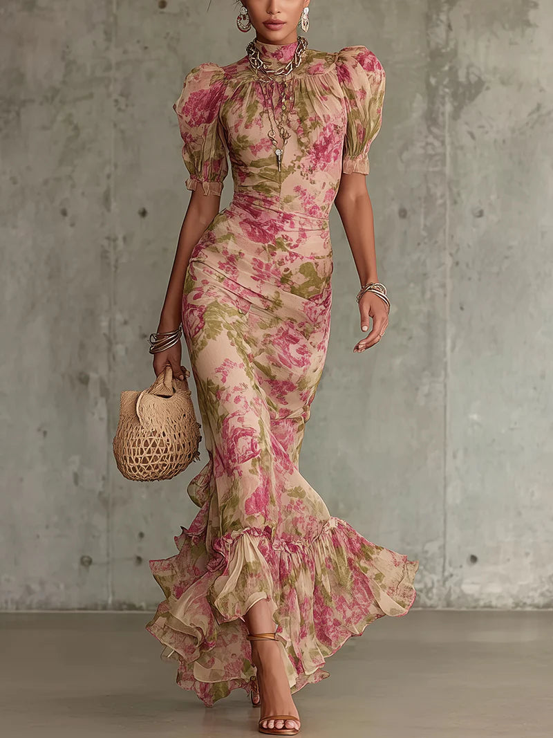 Fiora – Vintage Rose Print Maxi Dress with Puff Sleeves – image 2