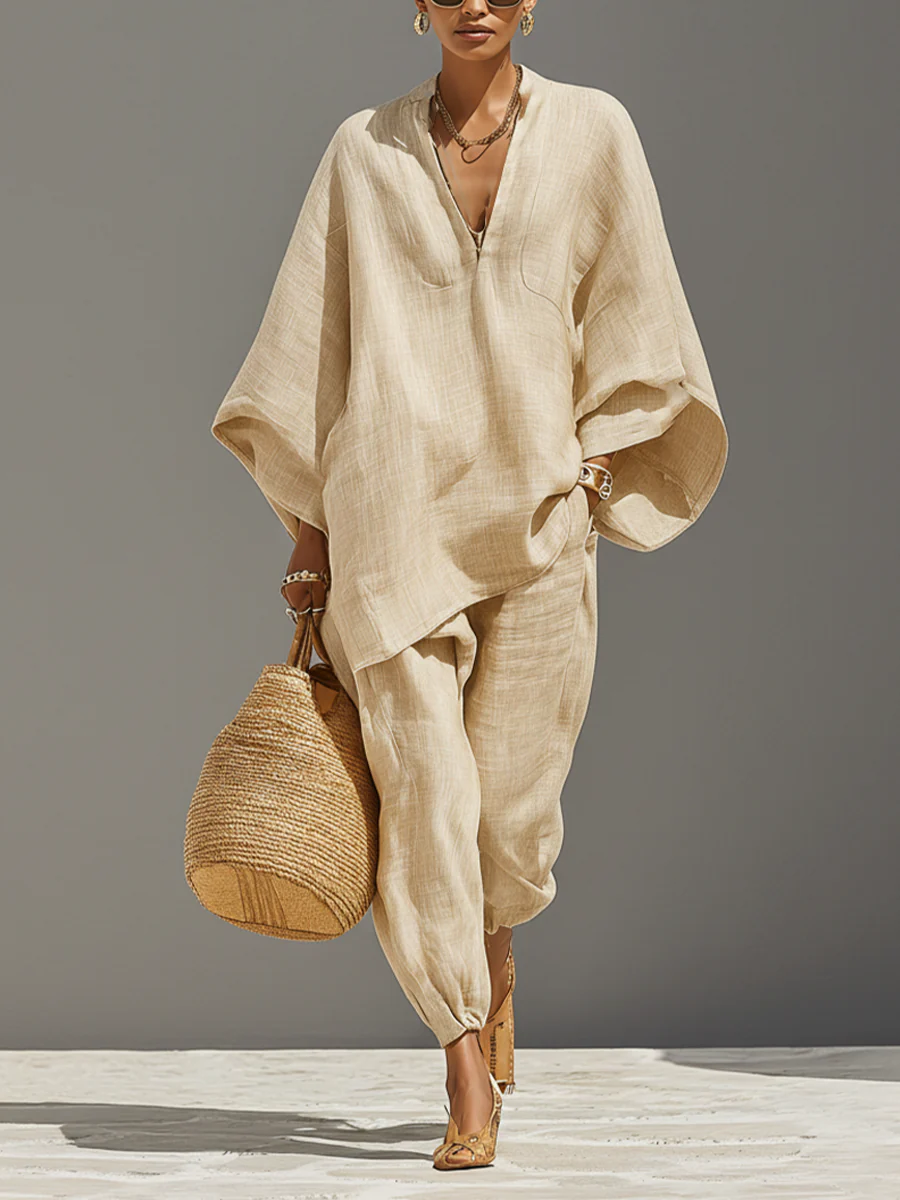 Arianna – Minimalist Top and Jogger Trousers with Asymmetrical Hem in Light Khaki – image 1