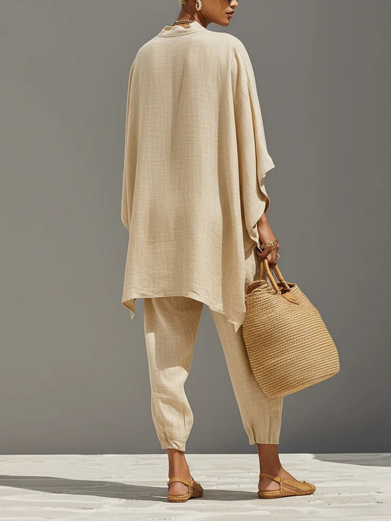 Arianna – Minimalist Top and Jogger Trousers with Asymmetrical Hem in Light Khaki – image 2