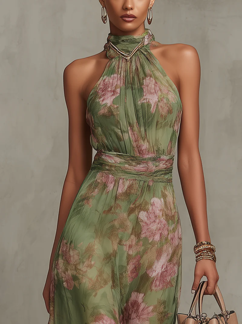 Serena ∙ Green Floral Chiffon Maxi Dress with Halter Neckline – image 3