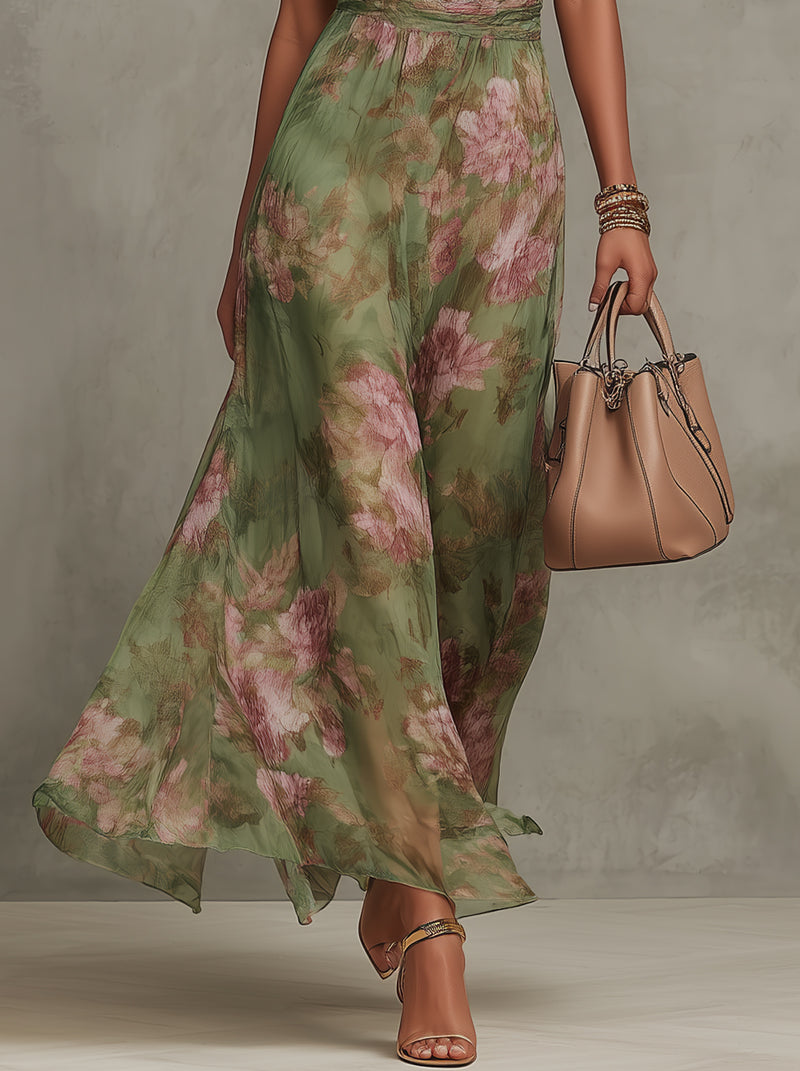 Serena ∙ Green Floral Chiffon Maxi Dress with Halter Neckline – image 4