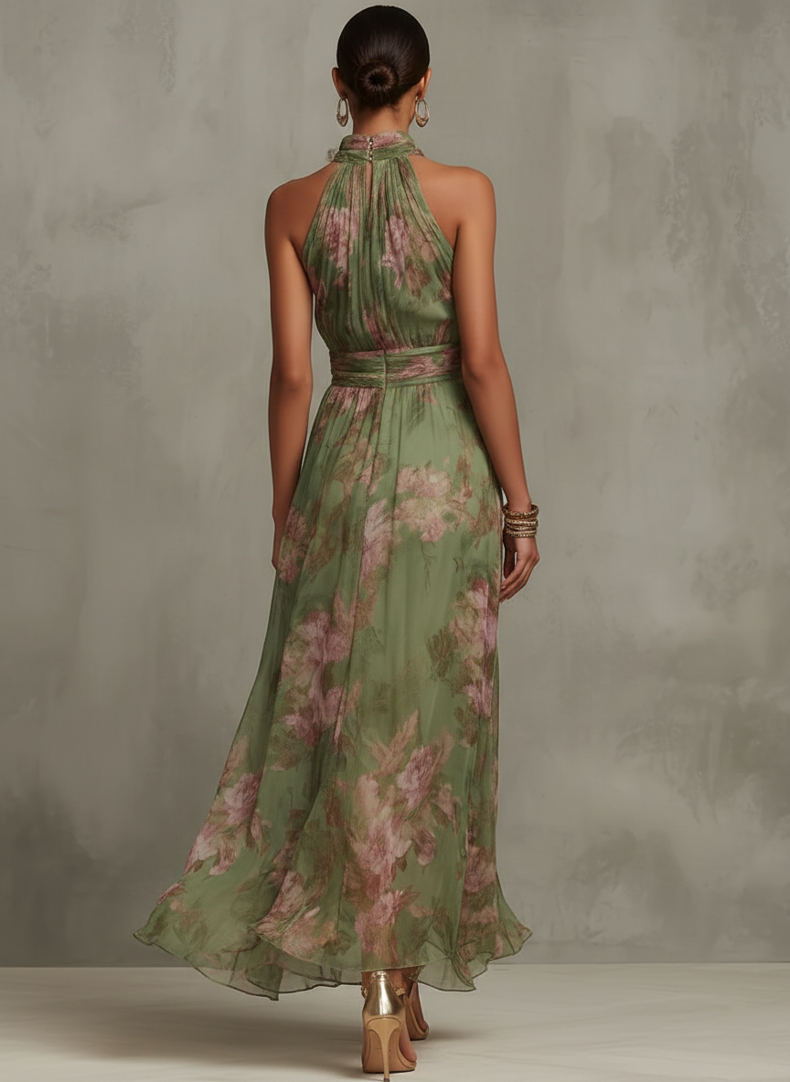 Serena ∙ Green Floral Chiffon Maxi Dress with Halter Neckline – image 2