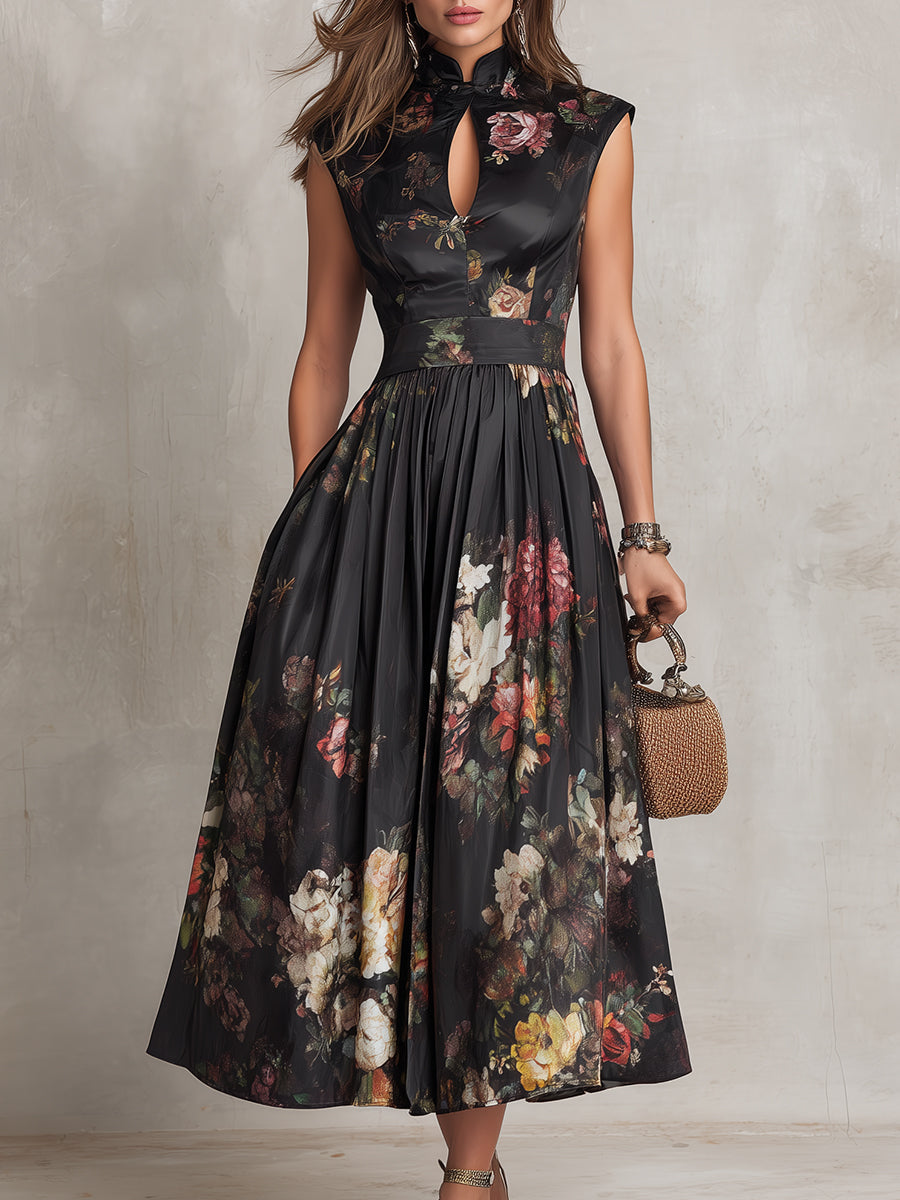 Violetta – Black pleated satin midi dress with floral pattern and keyhole neckline – image 4