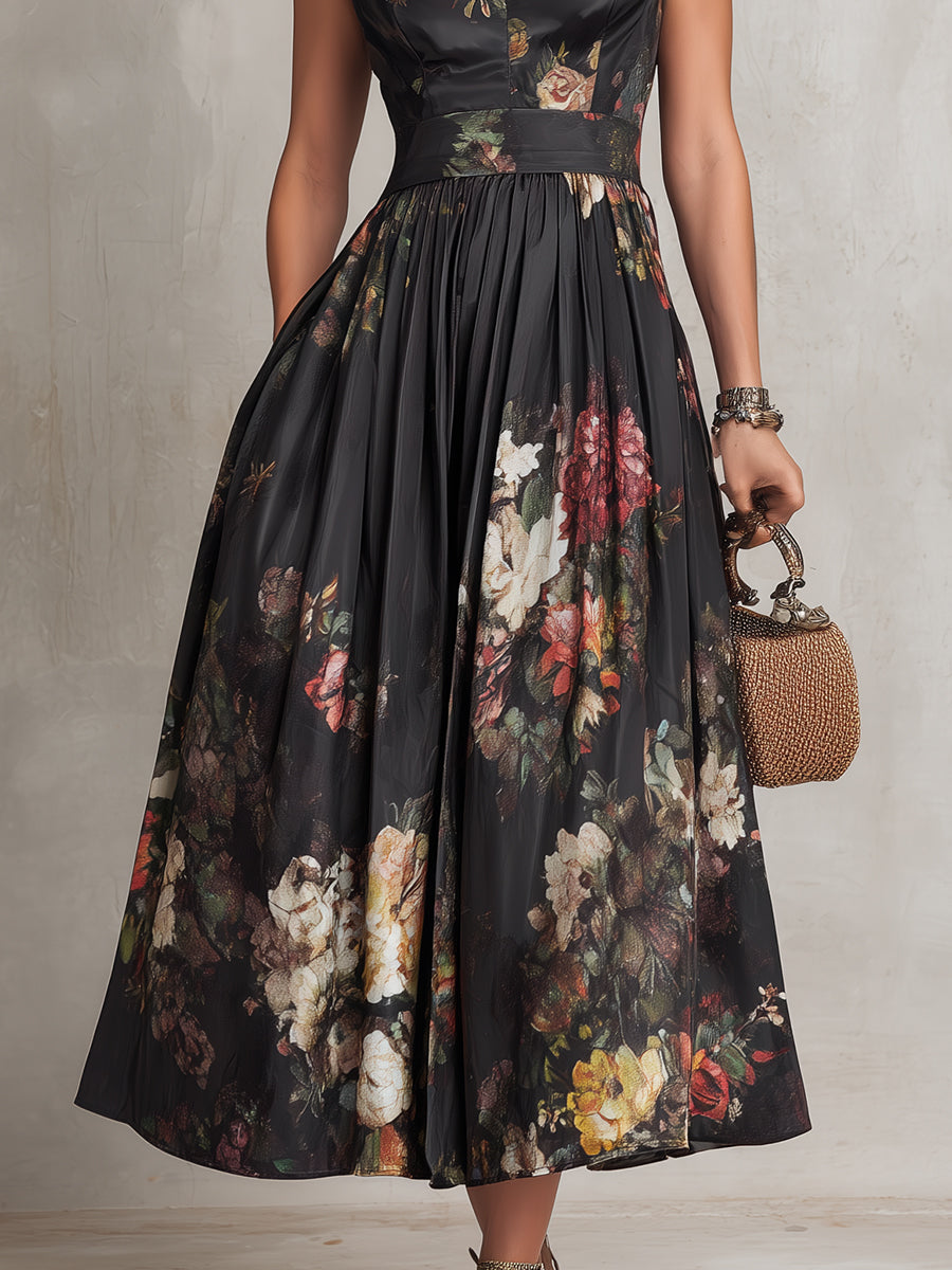 Violetta – Black pleated satin midi dress with floral pattern and keyhole neckline – image 5