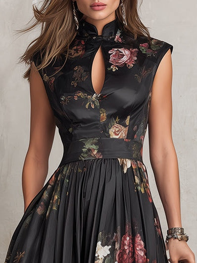 Violetta – Black pleated satin midi dress with floral pattern and keyhole neckline – image 2