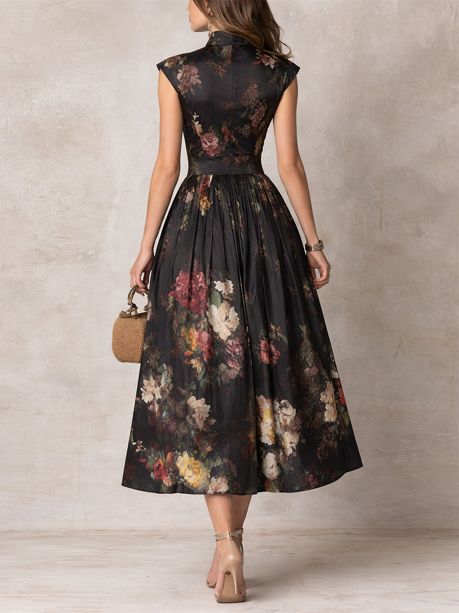 Violetta – Black pleated satin midi dress with floral pattern and keyhole neckline – image 3
