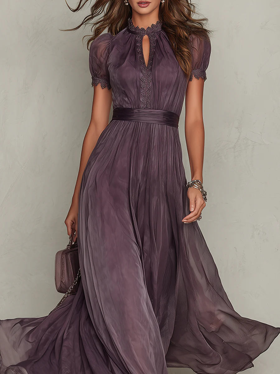 Flavia • Long Purple Dress with Keyhole Neckline & Chiffon Lace Trim – image 4