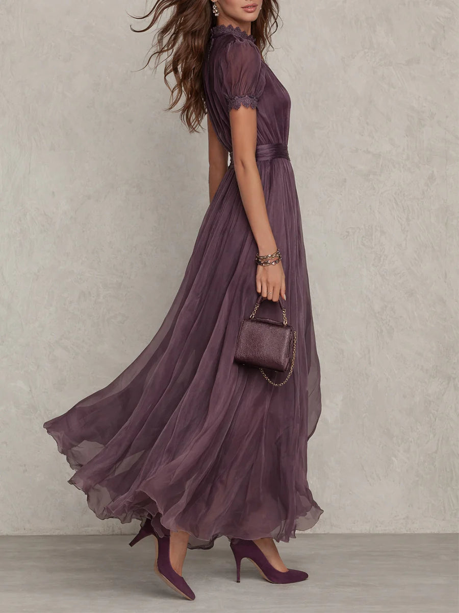 Flavia • Long Purple Dress with Keyhole Neckline & Chiffon Lace Trim – image 2