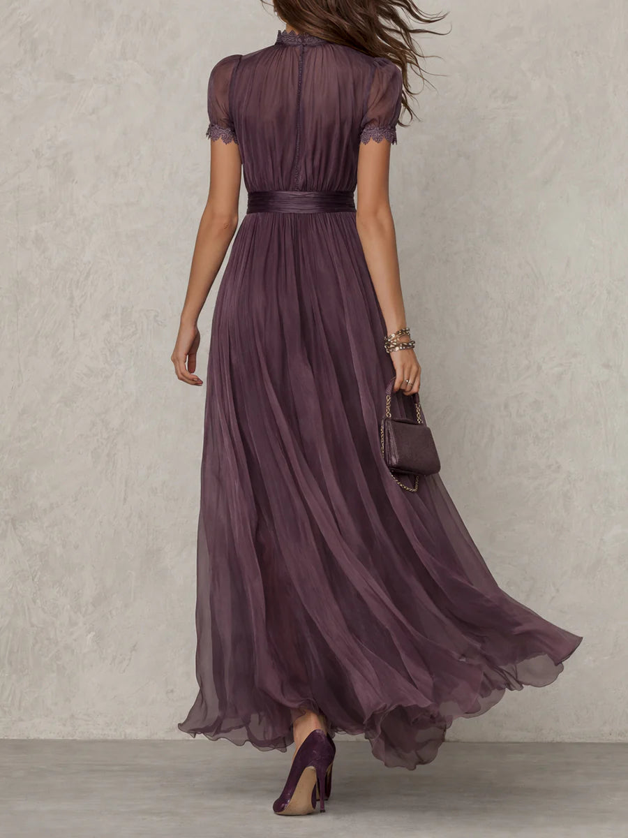 Flavia • Long Purple Dress with Keyhole Neckline & Chiffon Lace Trim – image 3