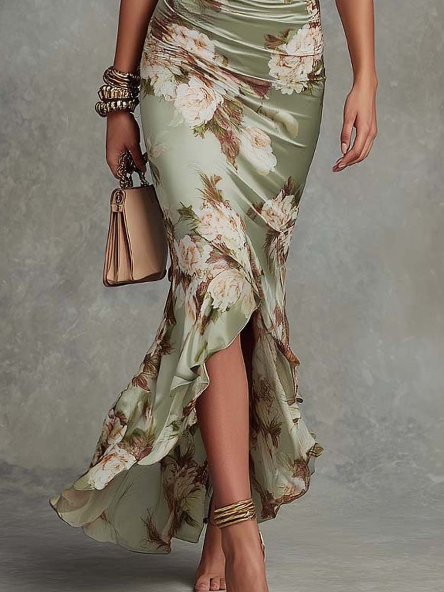 Anna – Asymmetric Green Satin Maxi Dress with V-Neck, Ruched Bell Sleeves and Floral Print – image 5