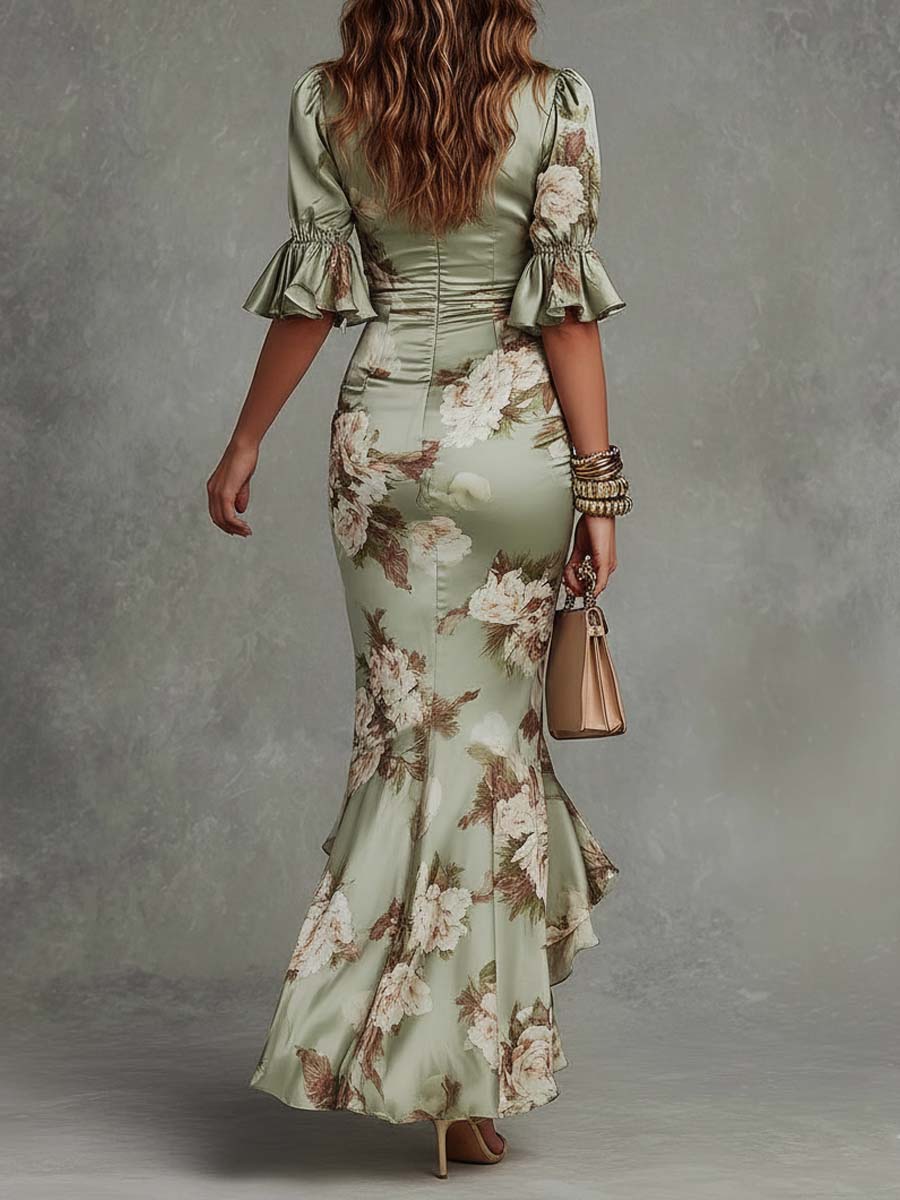 Anna – Asymmetric Green Satin Maxi Dress with V-Neck, Ruched Bell Sleeves and Floral Print – image 3