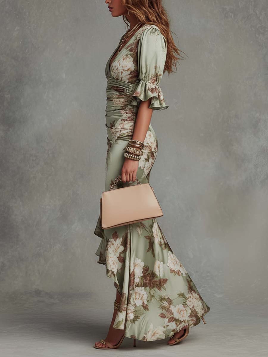 Anna – Asymmetric Green Satin Maxi Dress with V-Neck, Ruched Bell Sleeves and Floral Print – image 2