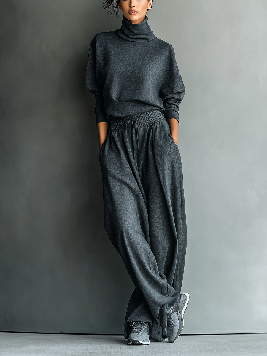 Women's Charcoal Knit Set with High Neck Top and Wide-Leg trousers – image 1