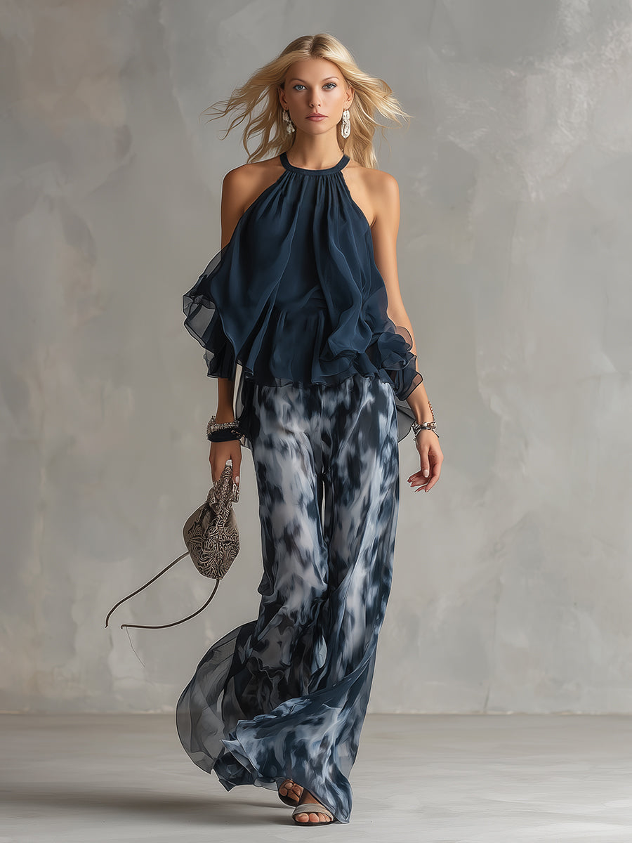 Ludovica – Elegant chiffon set with high-neck top and wide-leg printed trousers – image 2