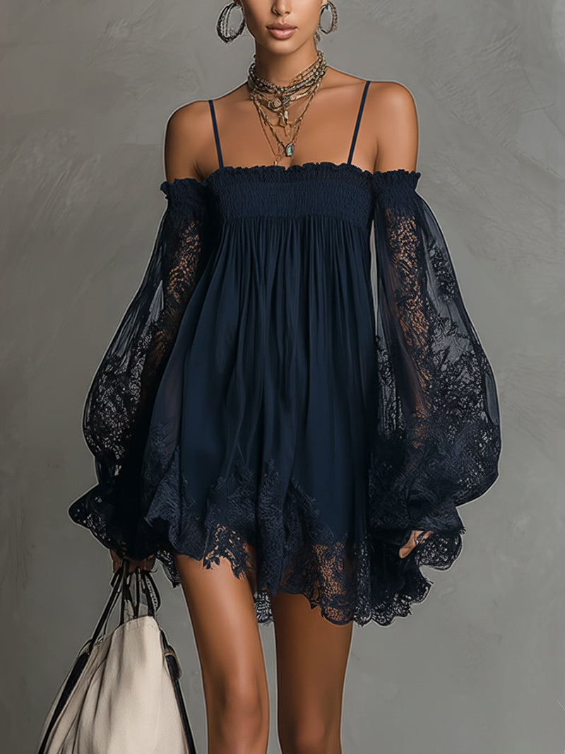 Noemi – Chiffon mini dress with an off-the-shoulder neckline, lace trim, and sheer sleeves – image 1