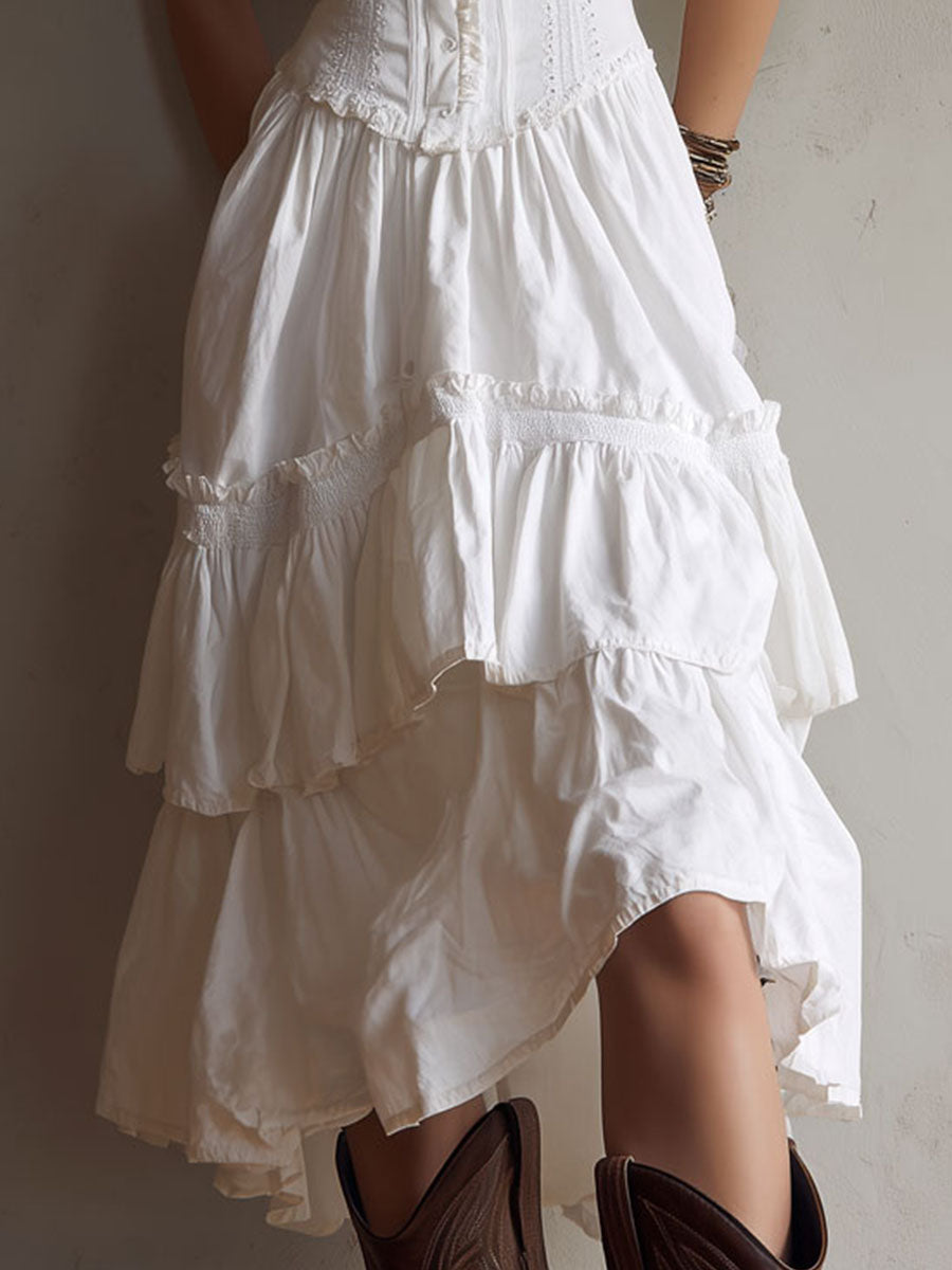 Retro Boho White Corset Tiered Midi Dress With Lace-Trim – image 12