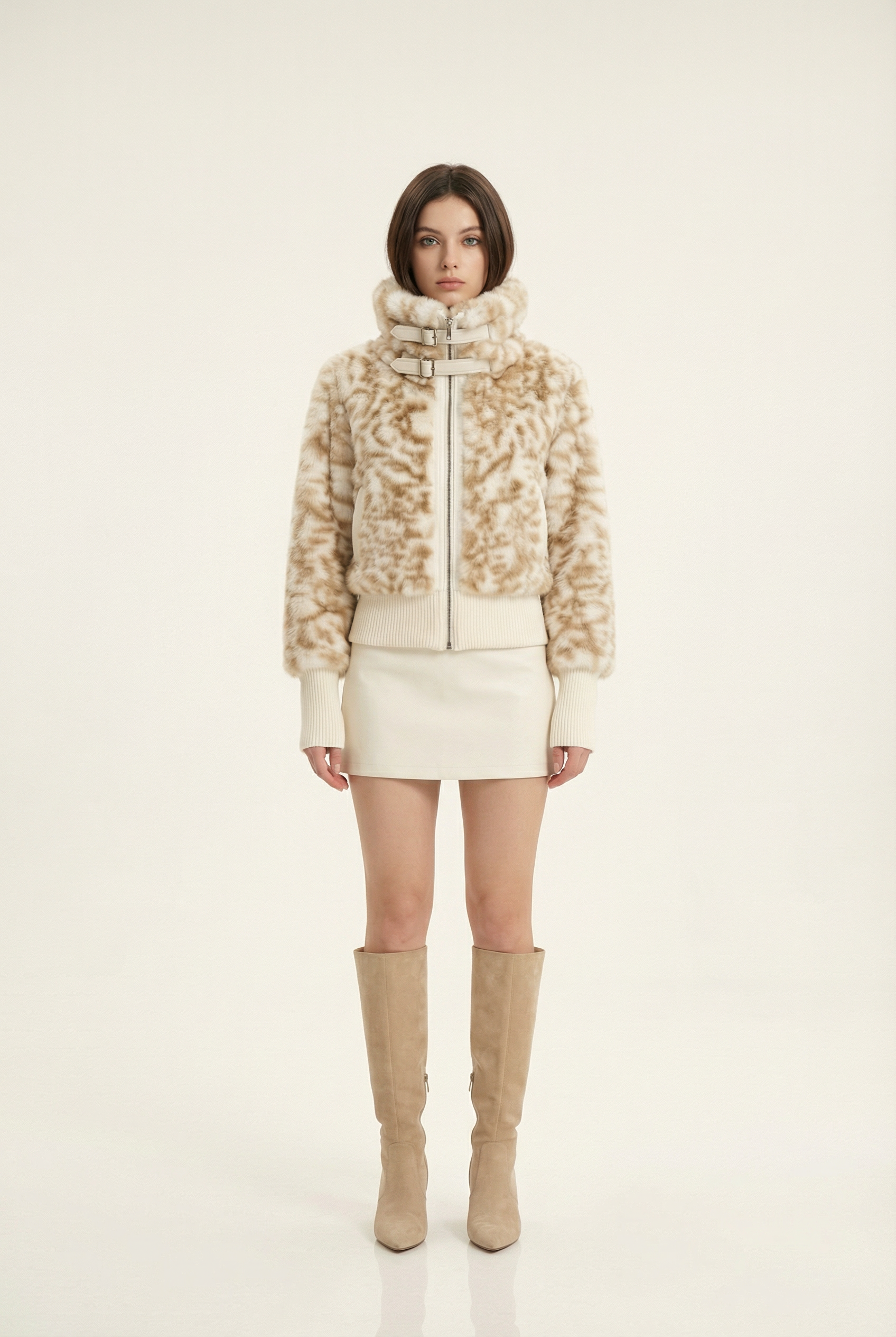 Julie Short Jacket with Stand Collar – Beige & Brown – image 1