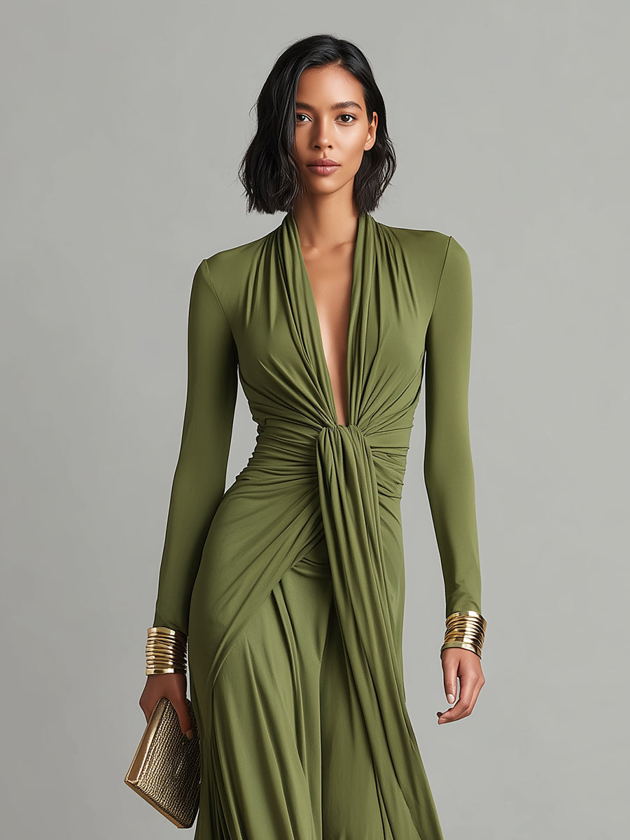 Olive Green Long Elastic Silk Dress with Deep V-Neck and Ruched Details, Glamorous Maxi Dress – image 2