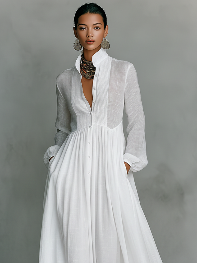 Minimalist Cotton & Linen Patchwork Maxi Dress with Stand Collar and Long Sleeves – image 2
