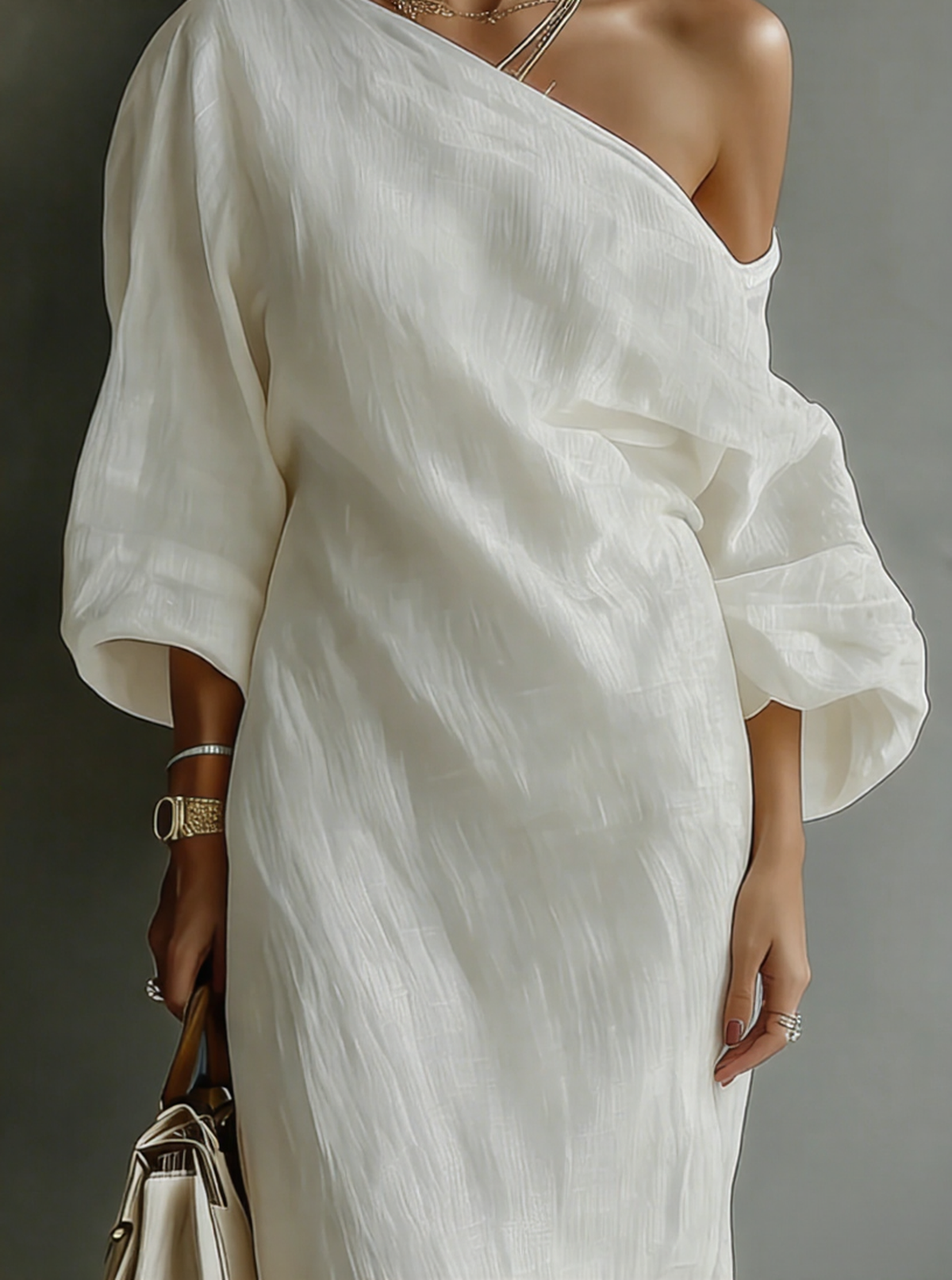 Ivory White One-Shoulder Cotton-Linen Maxi Dress – image 3