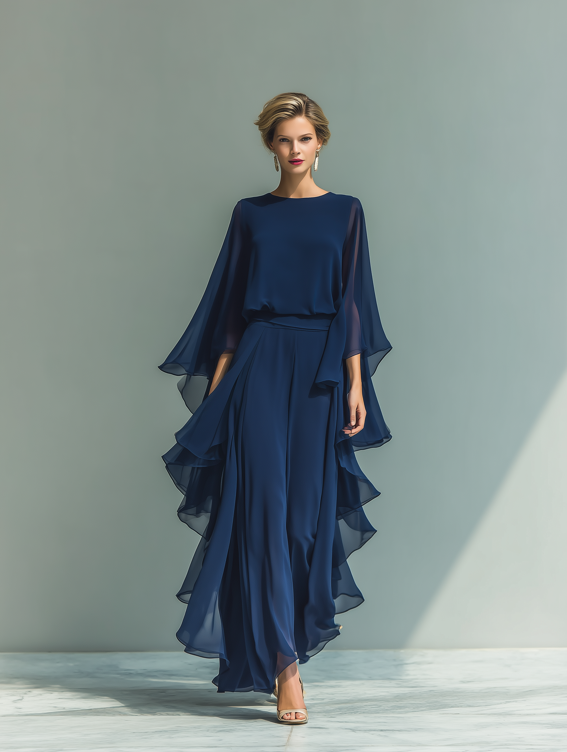 Navy Blue Chiffon Top Set with Flared Sleeves and Straight-Leg trousers with Ruched Details – image 2