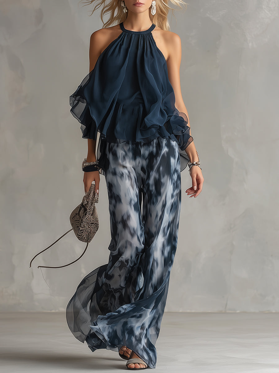 Ludovica – Elegant chiffon set with high-neck top and wide-leg printed trousers – image 1