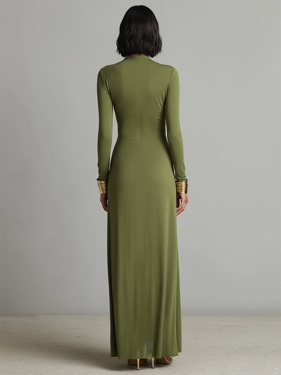 Olive Green Long Elastic Silk Dress with Deep V-Neck and Ruched Details, Glamorous Maxi Dress – image 6