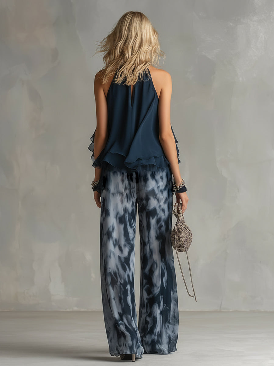 Ludovica – Elegant chiffon set with high-neck top and wide-leg printed trousers – image 4