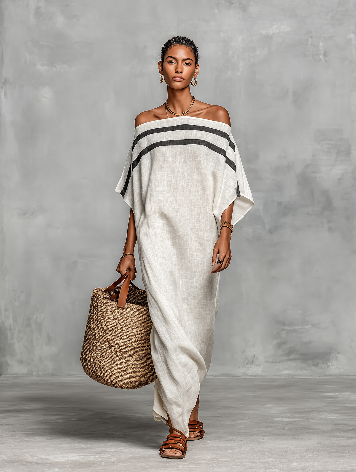Women's Minimalist Linen Maxi Dress with Off-the-Shoulder Batwing Sleeves – image 7