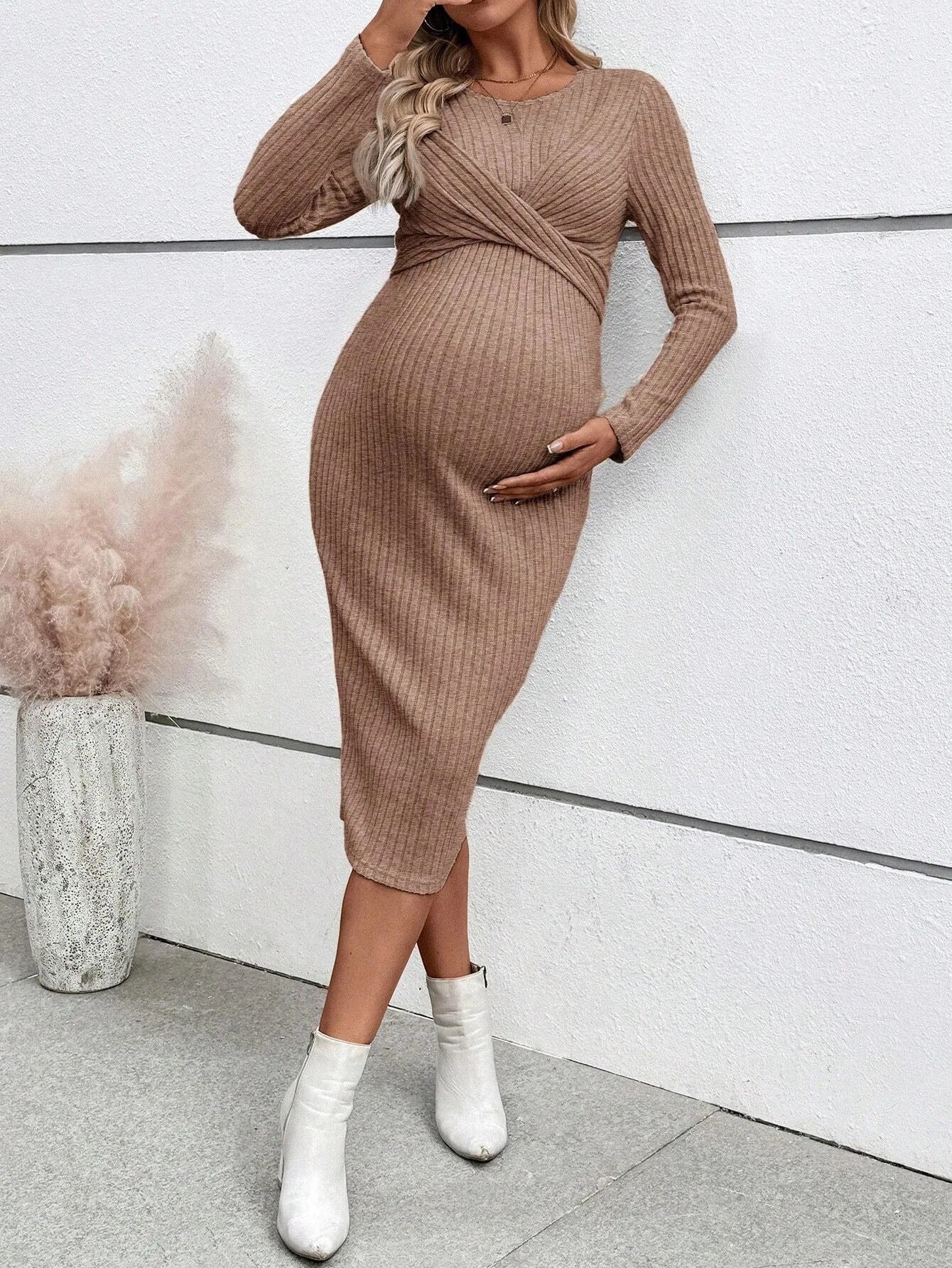 Ribbed Maternity Dress with Tie Details – image 16
